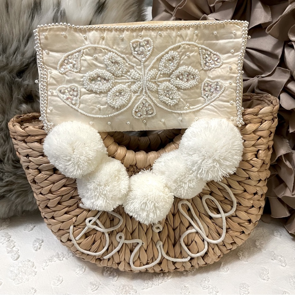 Bon Soir Vintage Ivory Color Satin Pearl Sequin Wedding Zipper Pouch Pur…